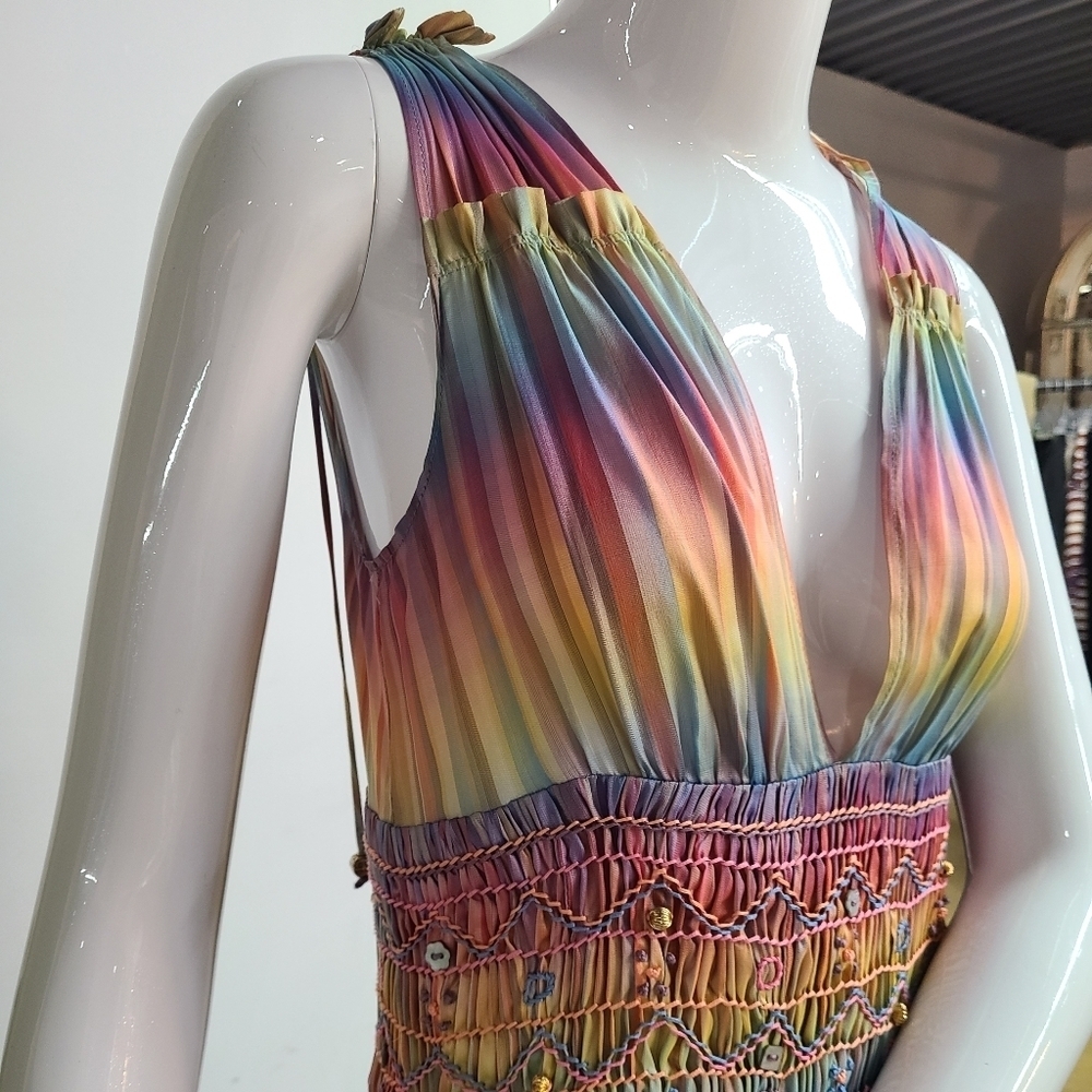 💥RUNWAY Matthew Williamson 100% Silk Colorful Beaded Embroidered Dress Size 6 - Picture 15 of 16